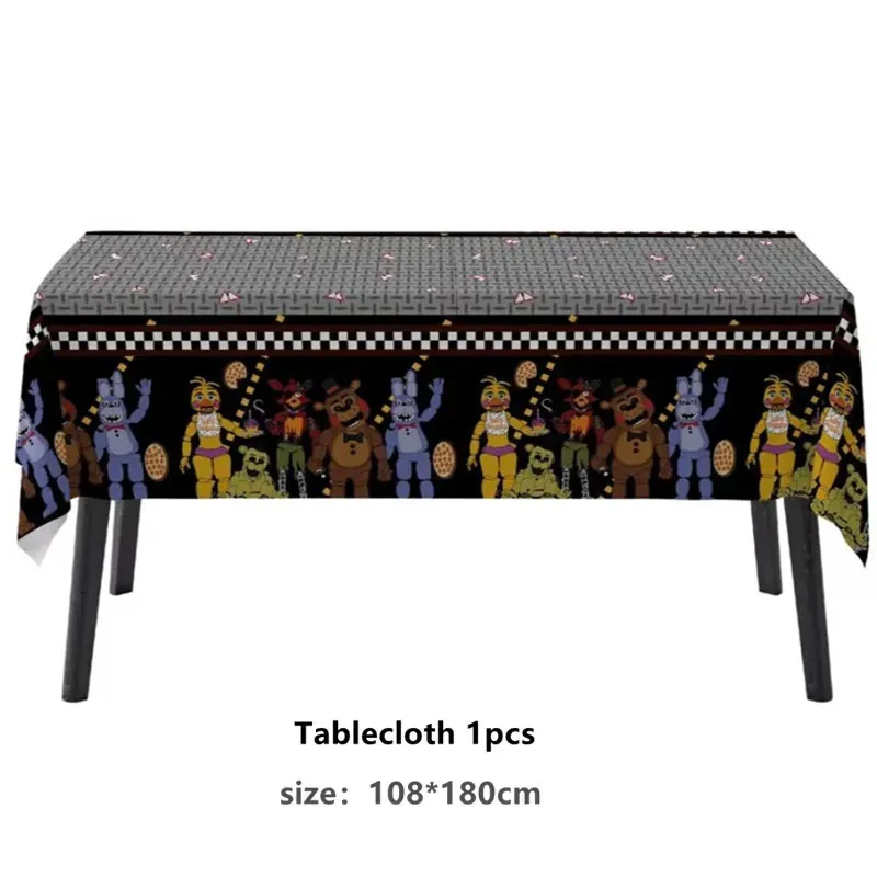 FNAF FIVE NIGHTS FREDDYED FREDDYED FEREDDYED TABLOTH Tablewareプレートカップお誕生日おめでとうバナーベビーシャワーパーティー装飾キッズおもちゃ240301