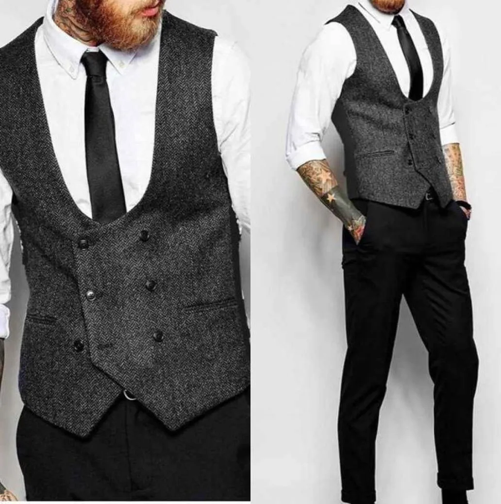 New Dark Grey Double Breasted Vest Suit Herringbone Mens Vests Striped Slim Fit Waistcoat British Vintage Blazer Sleeveless Jacket5135210