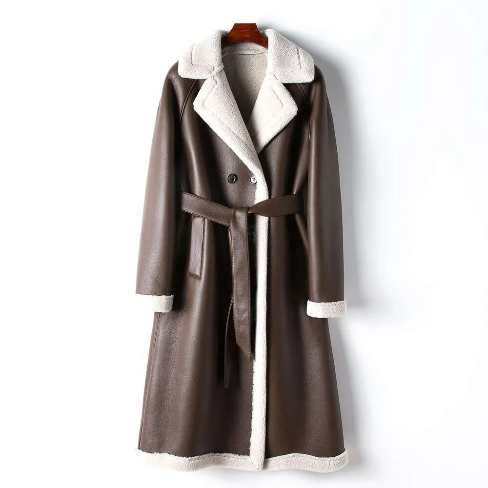 Abrigo cálido interior de lana para mujer, piel larga de cuero ecológico, primavera y otoño, 2024, 101071