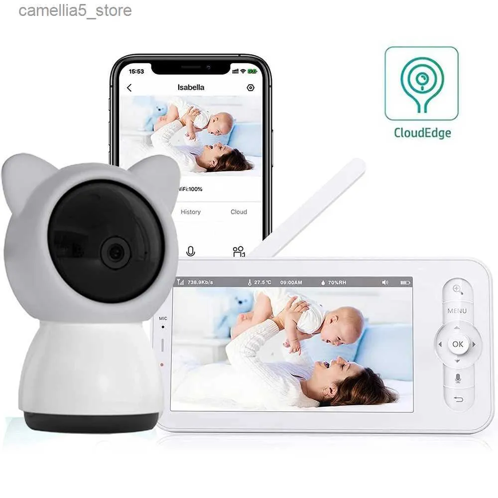Bebek Monitör Kamera 5 inç Kablolu Bebek Monitörü Güvenlik Video Kamera Dadı Vox Yüksek Tanımlı Gece Görüşü PTZ Ninni Sıcaklık ve Nem Q240308