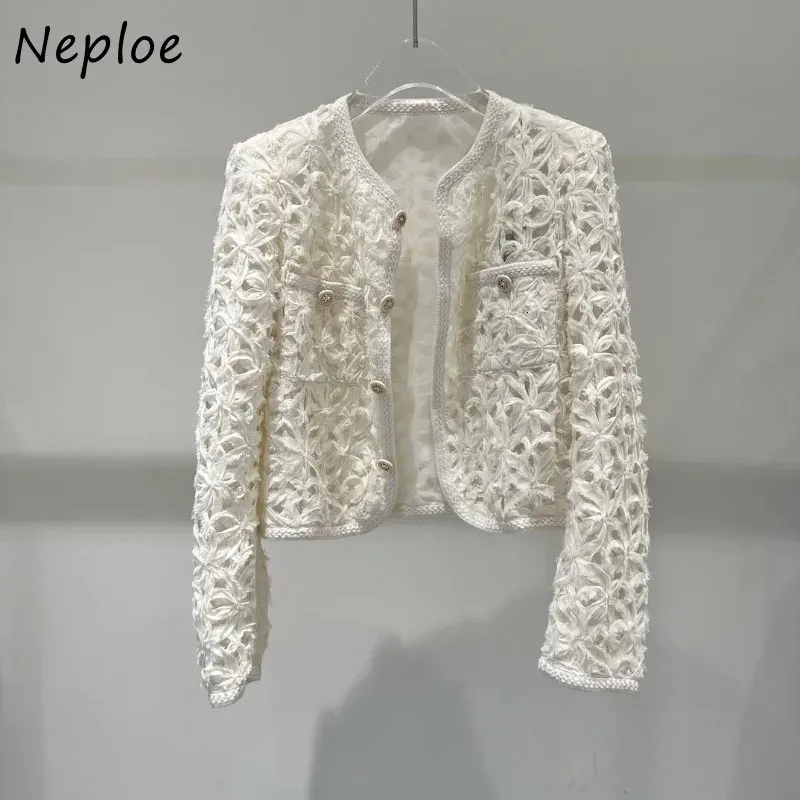 Neploe Elegante O-Collo In Pizzo Sottile Cappotto Corto Donna Primavera Autunno Scava Fuori Giubbotti Y2k Manica Lunga Giacca Bianca Mujer 240229