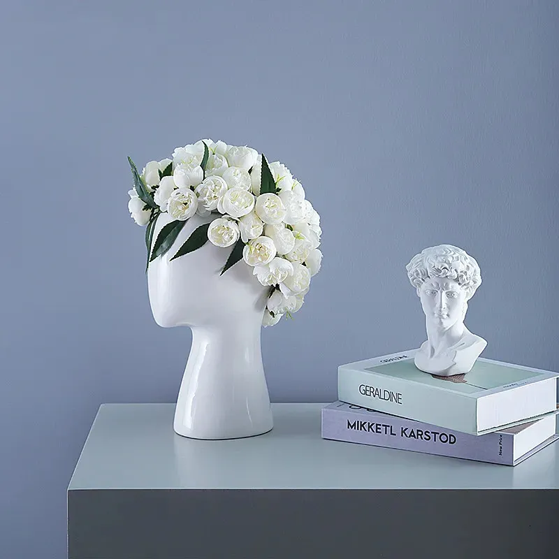 Vase en céramique à tête humaine créative de style nordique, arrangement de fleurs à trou rond, décoration de salon de maison 240306