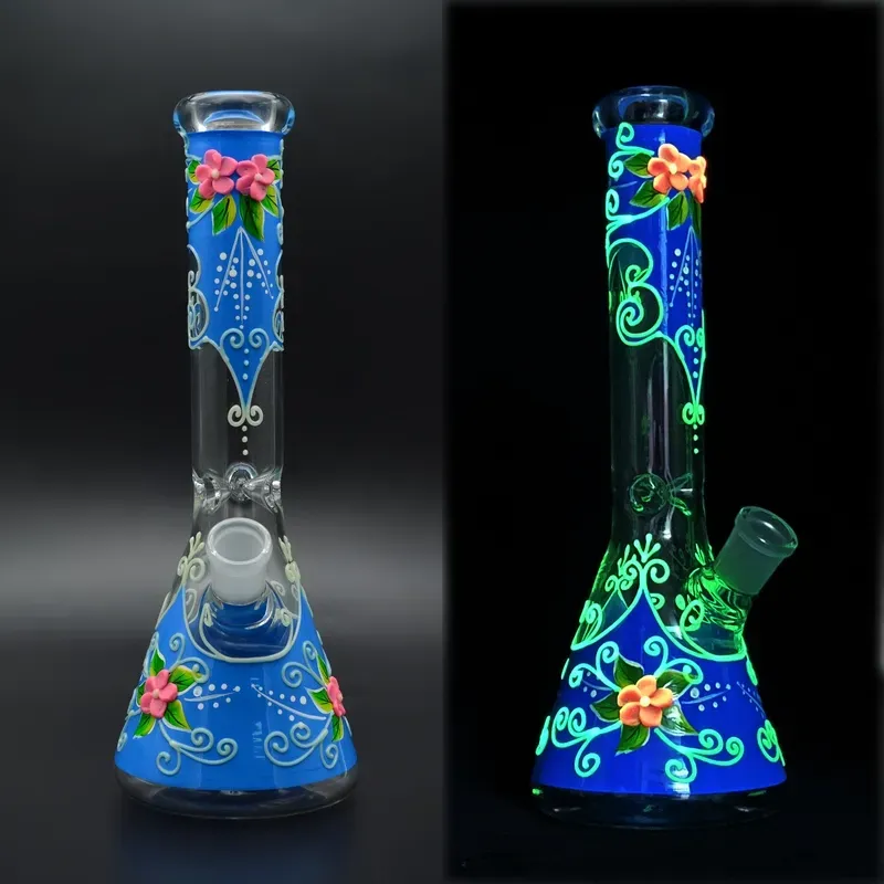 Glow In The Dark Beaker Bong 11 inch 5mm New Design Glass Water Pipe Cool Hand Painting Dab Rig Oil Rig