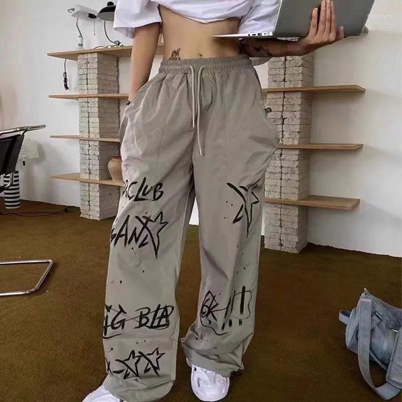 Women's Pants American Streetwear Cargo Hand Painted Graffiti Drawstring Design Wide Leg Trousers Straight Chic Slack Y2k