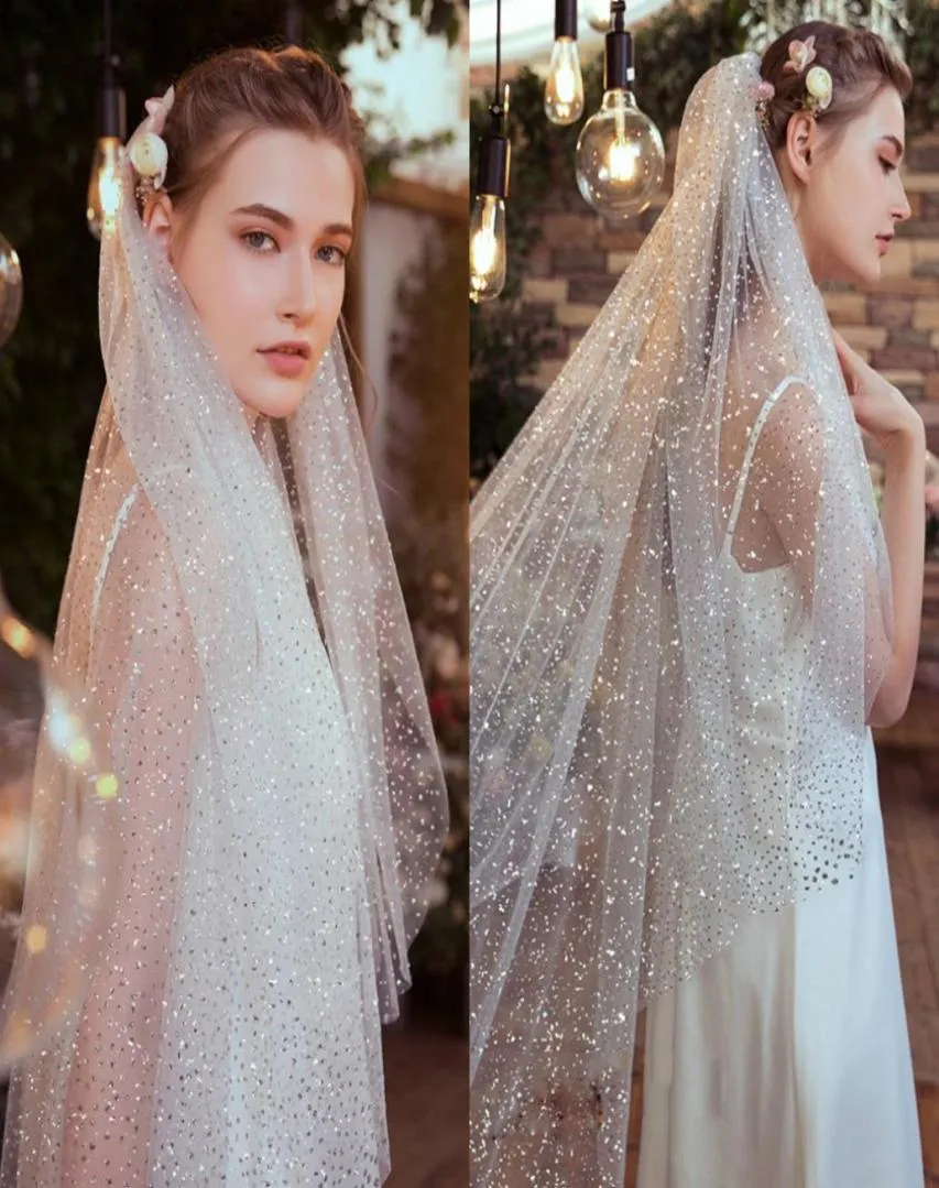 Fashion Sequins Bridal Veils 2019 Cut Edge Two Layers Veil with Comb Women Wedding Dress Accessories Long Veils Custom Made1218769