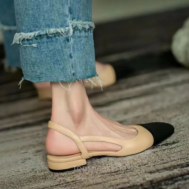 Kadın Sandalet Tıknaz Topuklu Slingbacks Sandal Orijinal Deri Bale Daireler Balerin Tasarımcı Loafer Bayanlar Toe Elbise Ayakkabı Toz Çanta