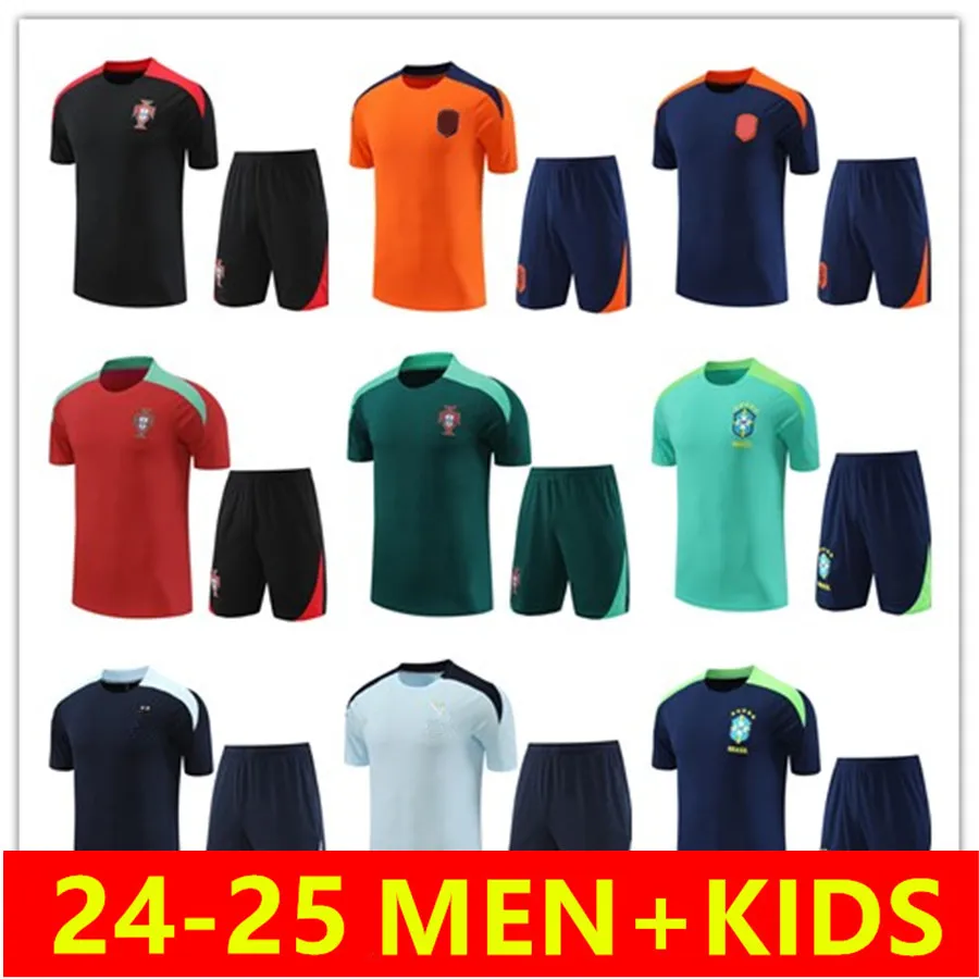 2024 Kort ärm Jogging Soccer Training Suit Mbappe Football Shirt 3/4 byxor 24/25 Bellingham Vini Jr. Portugisiska brasils pre match futbol Chandal män barn