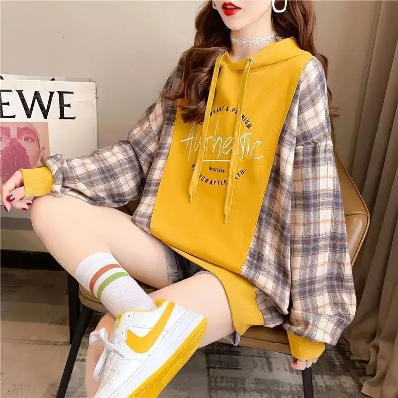 Moletons para mulheres xadrez hoodies amarelo com capuz topos coreano streetwear y2k e moda quente roupas femininas 240301