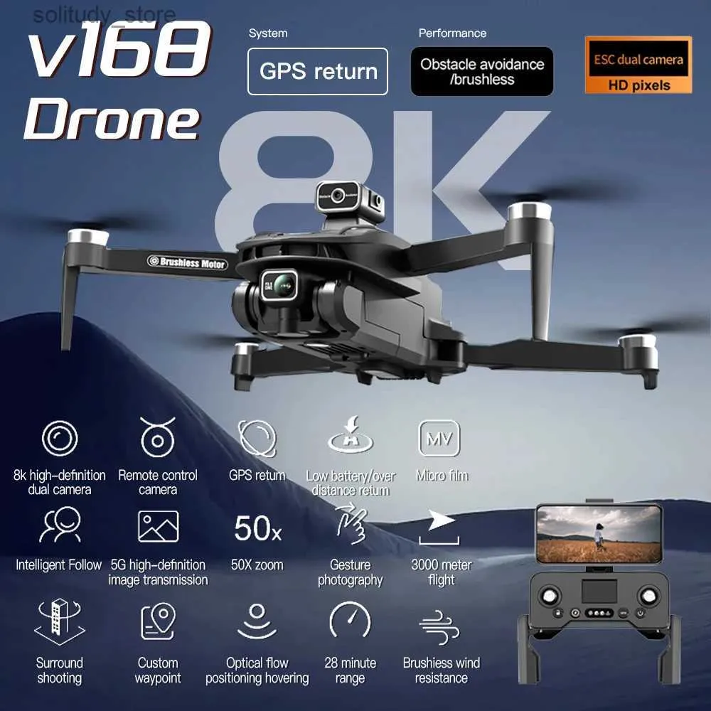 Drony Nowe dron V168 Profesjonalny trzy kamery 8K szerokokątne optyczne optyczne G-pozycja czterokierunkowa Unikanie przeszkód dla czterech helikopterów Q240308