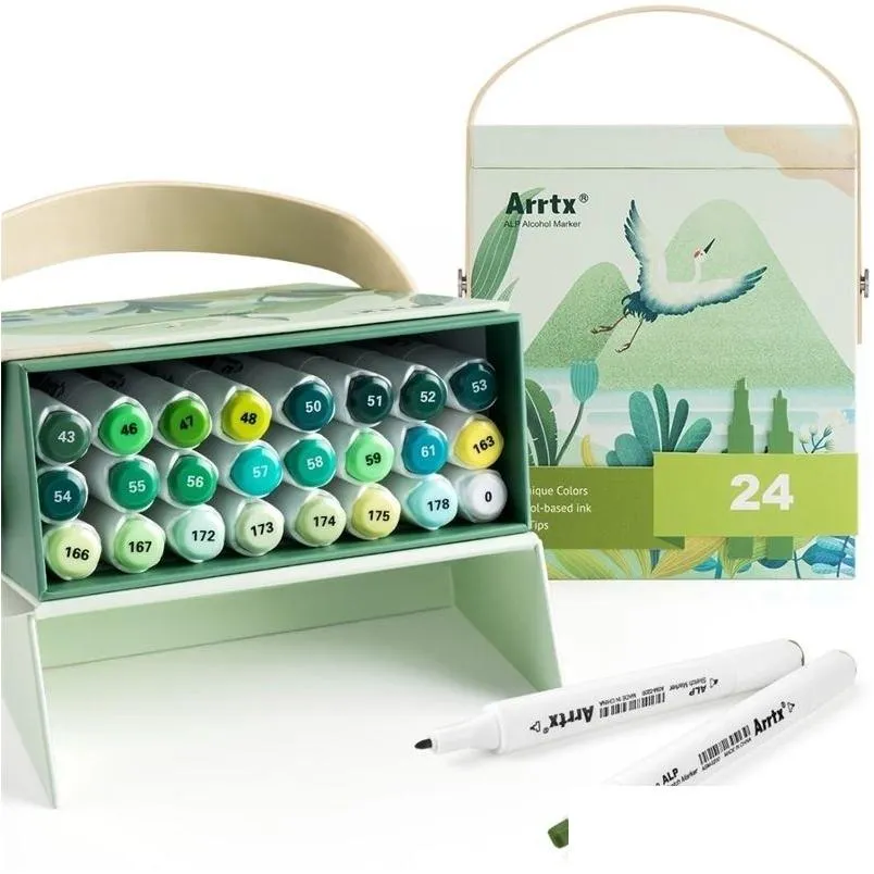 Markers Groothandel Arrtx Alp Green Tone 24 kleuren Alcohol Marker Pen Dual Tips Markers Perfect voor het schilderen van boomgrasbladeren Bos Pl Dhm6K