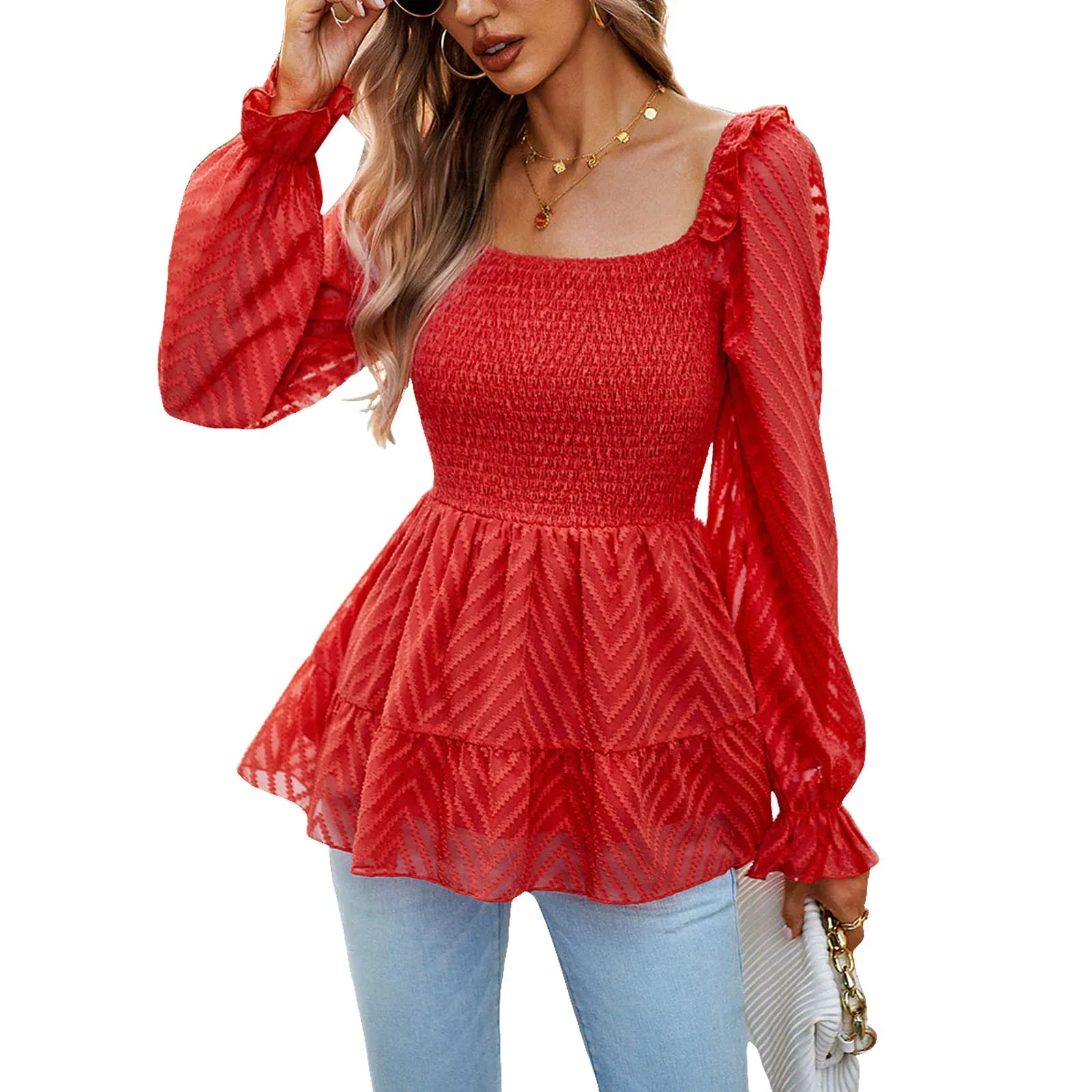 Blouse Elegant Chiffon Textured Shirt Women's Early Autumn Ruffle Long Sleeve Square Neck Slim Tops Solid Color Casual Peplum Blouse