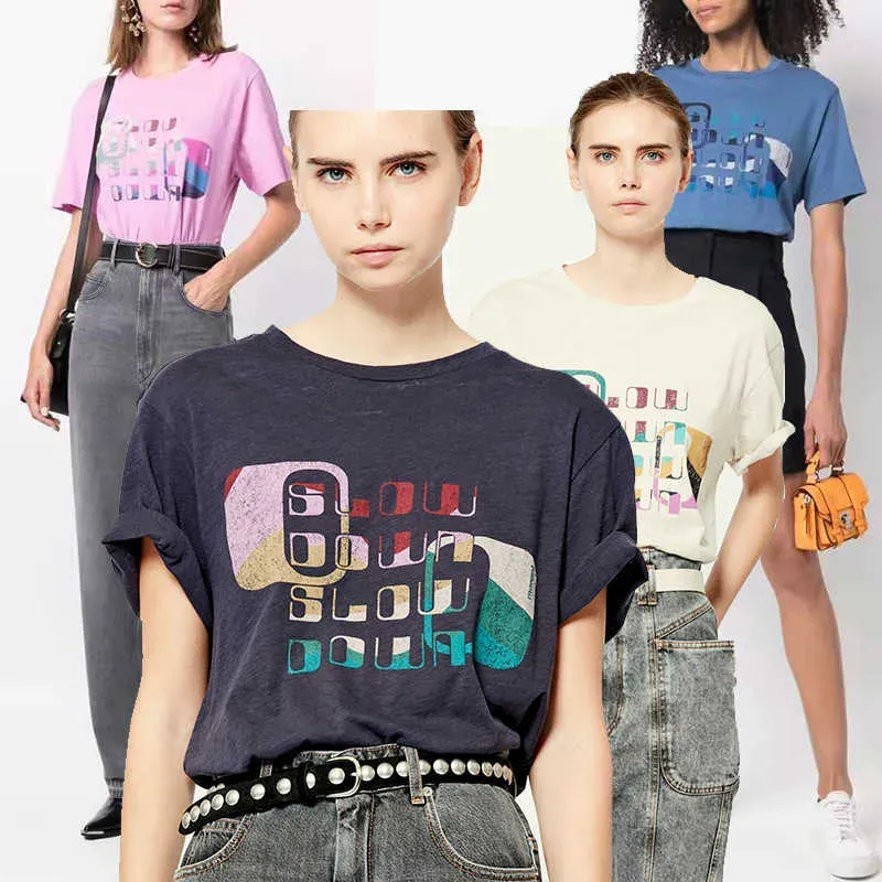 Изабель Марант Женская Дизайнерская Дизайнерская футболка Письмо Цвет Блокирующая Печать хлопковые круглые шеи с коротким рукавом модные топы женская футболка четыре цвета четыре цвета