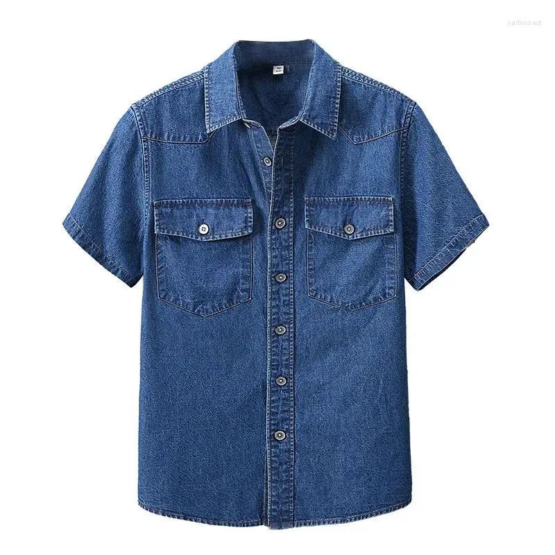 Chemises décontractées pour hommes Chemise en jean d'été surdimensionné mince pur coton veste à manches mi-longues coupe ajustée revers travail court