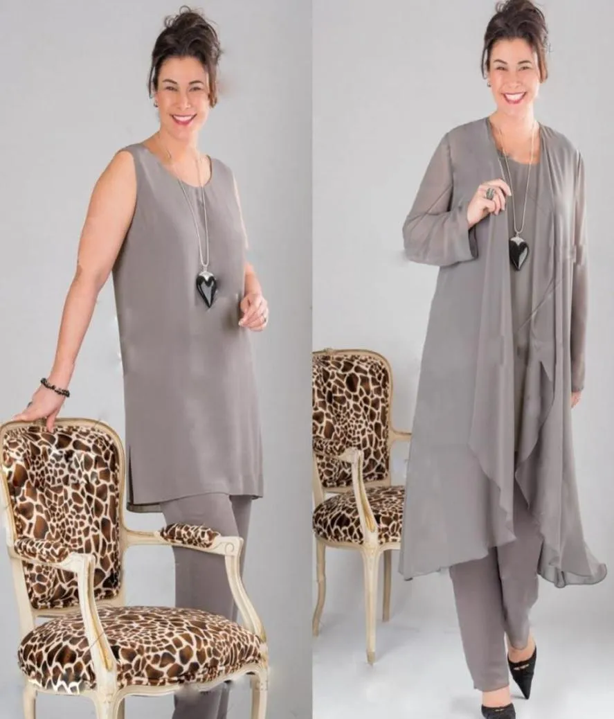 Elegante graue Plus-Size-Hosenanzüge für die Brautmutter mit Jacke, Chiffon, 3-teilig, formelle Hosenanzüge für Frauen, Mutter-Braut-Kleider1466522