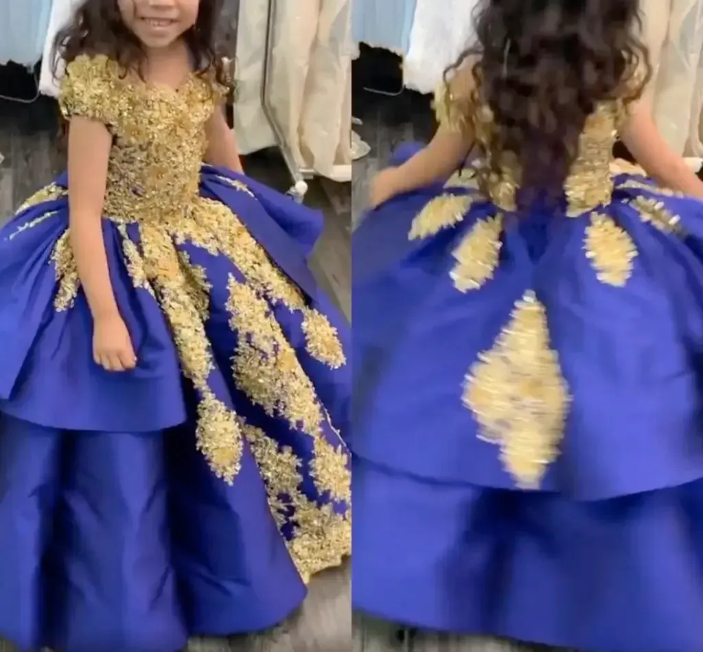 Royal Blue and Gold Lace princess evening gown for Girls - Perfect for Graduation, Pageants, First Communion, and Formal Parties with Short Sleeves