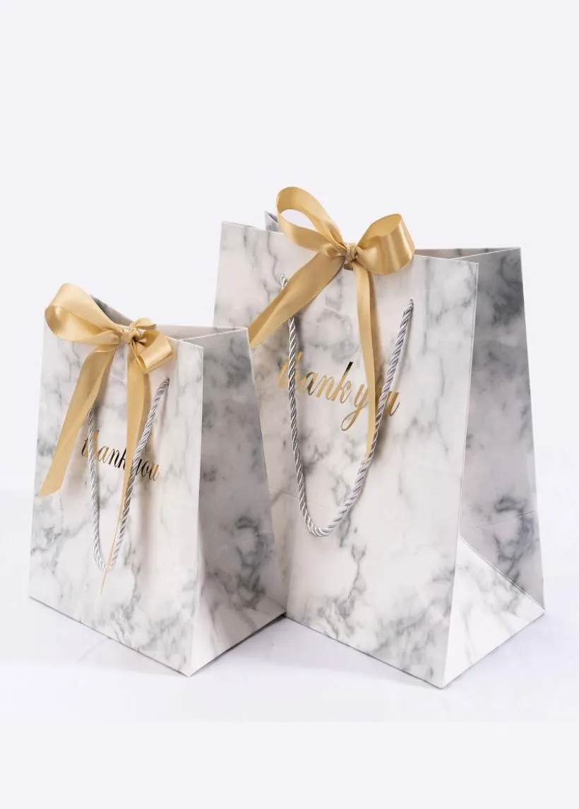 Present Wrap Marble Style Tack Printed Gifts Bags Paper With Ribbons Bröllop Favors för gäster Baby Shower Birthday Party Decor1507269