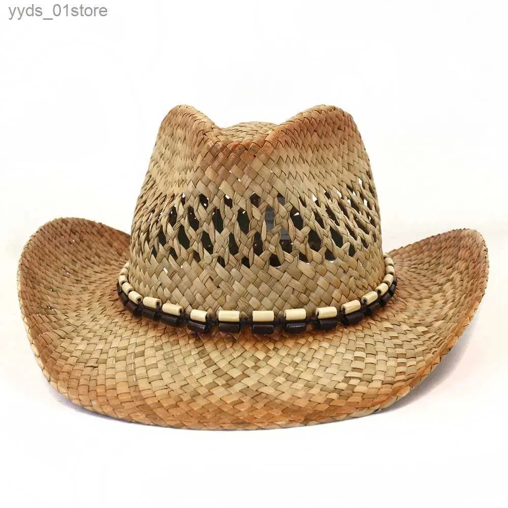 Chapeaux à larges bords Chapeaux de seau Nouveau printemps/été Chapeau de couple pour hommes et femmes Voyage Pare-soleil Western Cowboy Str Hat tissé à la main Chapeau d'herbe salée L240308