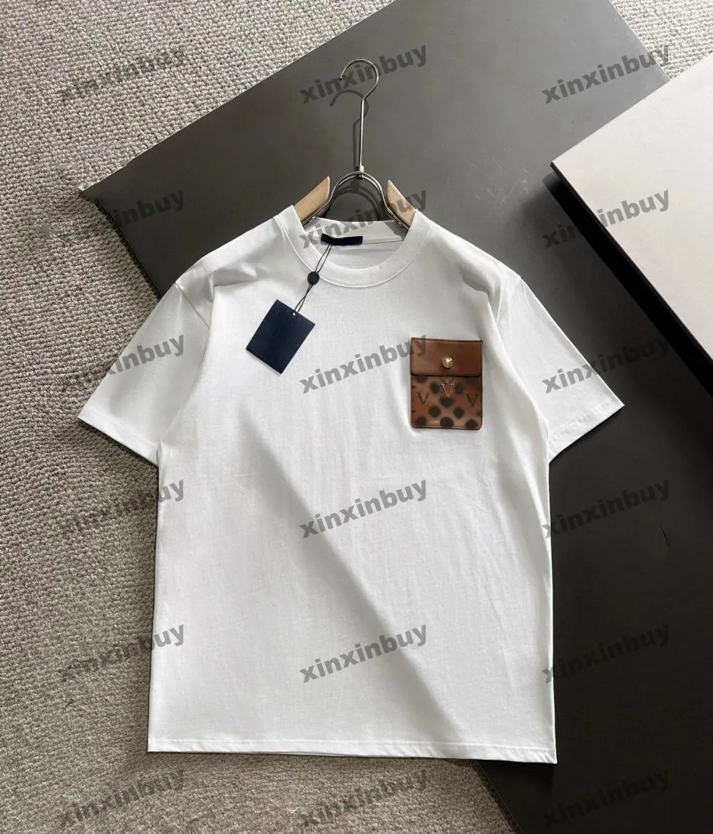Xinxinbuy Men Designer Tee Tシャツ2024レザーポケット半袖コットン女性グレーブラックアプリコットグリーンM-2xl