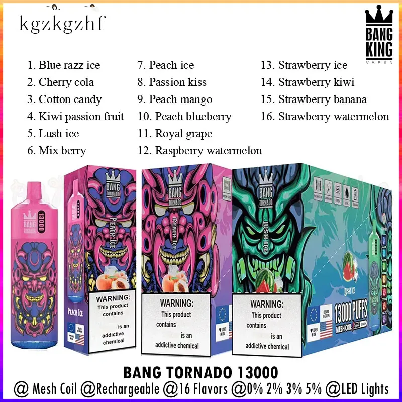 Bang Tornado 13000 Puffs Disposable Vape Pen Mesh Coil E Cigarettes 16 Flavors 0% 2% 3% 5% Rechargeable Vaper vs Puff 13K 15000 15K 12000 12K 18000