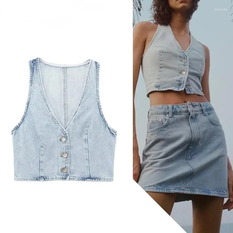 Chalecos de mujer 2024 Crop Denim Chaleco Mujeres Azul Sin mangas Mujer Streetwear Chaleco de verano Moda para mujer en conjuntos a juego