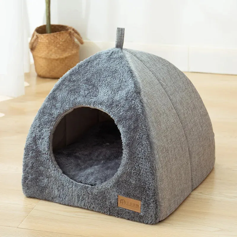 Semi-closed Cat Bed Non-Slip Pet Kennel Gray Kitten House Inomhus Sovkatter Bängsäng Plush Foldbara små hundar Tält STOR 240226