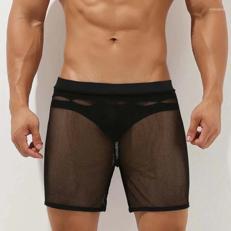 Underpants Sexy See Through Mesh Men Sleep Bottom Casual Home Boxershorts Transparent Loose Lounge Pajamas Male Underwear Beach Swim Shorts