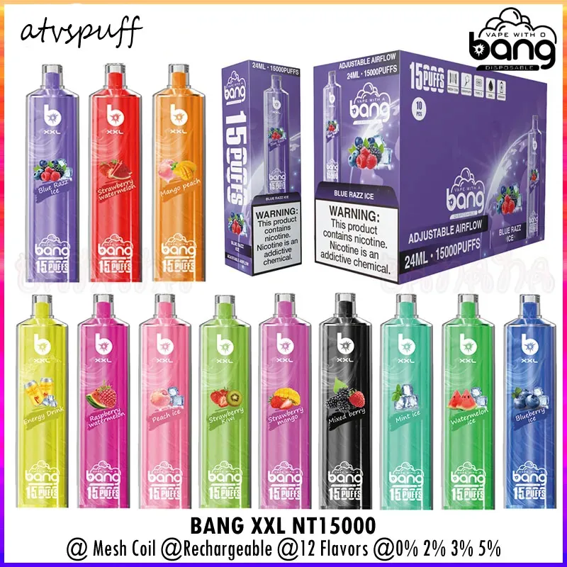 Bang XXL NT15000 Puff 15K Stylo Vape jetable Bang Vapes 15000 Puffs Mesh Coil Kit de barre rechargeable 0% 2% 3% 5% 12 couleurs vs Shisha Hookah Vaper