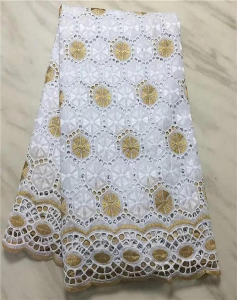 Novo material de tecido de renda de algodão africano de cor dourada e branca com bordado S LACE SWISS VOIL Nigeriano em Dubai para Party8214368