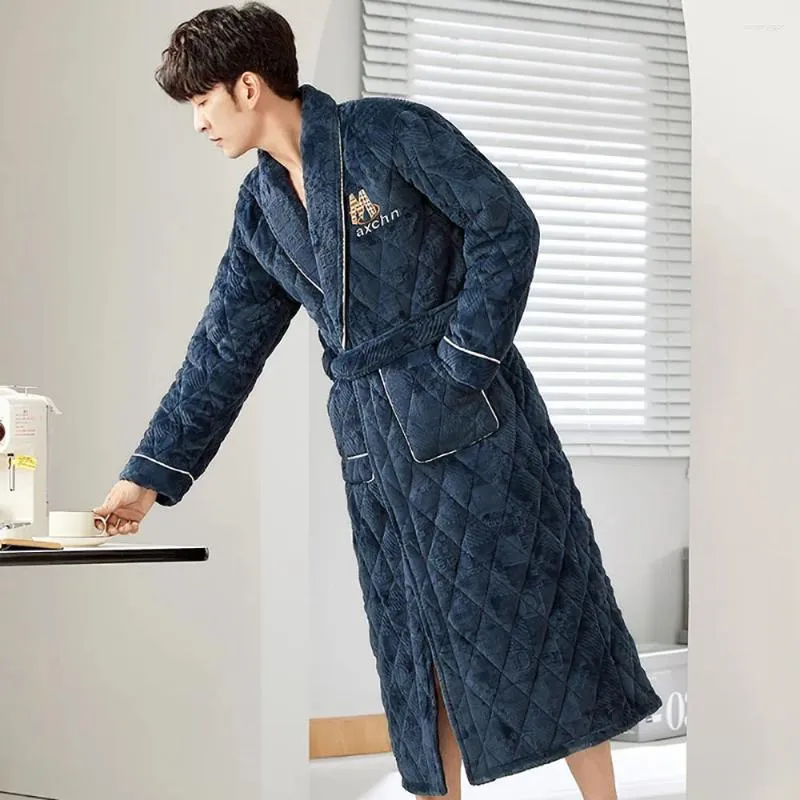 Męska odzież sutowa L-3xl 3-warstwowa zagęszcza miękka flanelowa szlafrok swobodny solidna szlafrok prysznicowa zimowa wiatroodporność ciepłe długie szaty pijama hombre