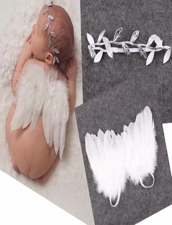 5 SET Baby Baby olijfbladeren Leaf Hoofdband Witte Veer Angel Wing Couture Newbron Doop haarband Pography Props Set Y5294656
