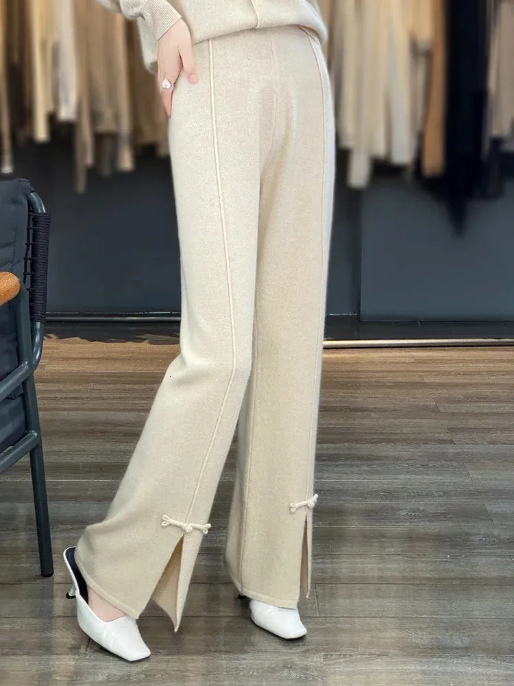 Autumn and Winter 100 Pure Wool Sticked Split Button Wide Ben Pants High midje Draping Casual Chinese Floor Towers 240227