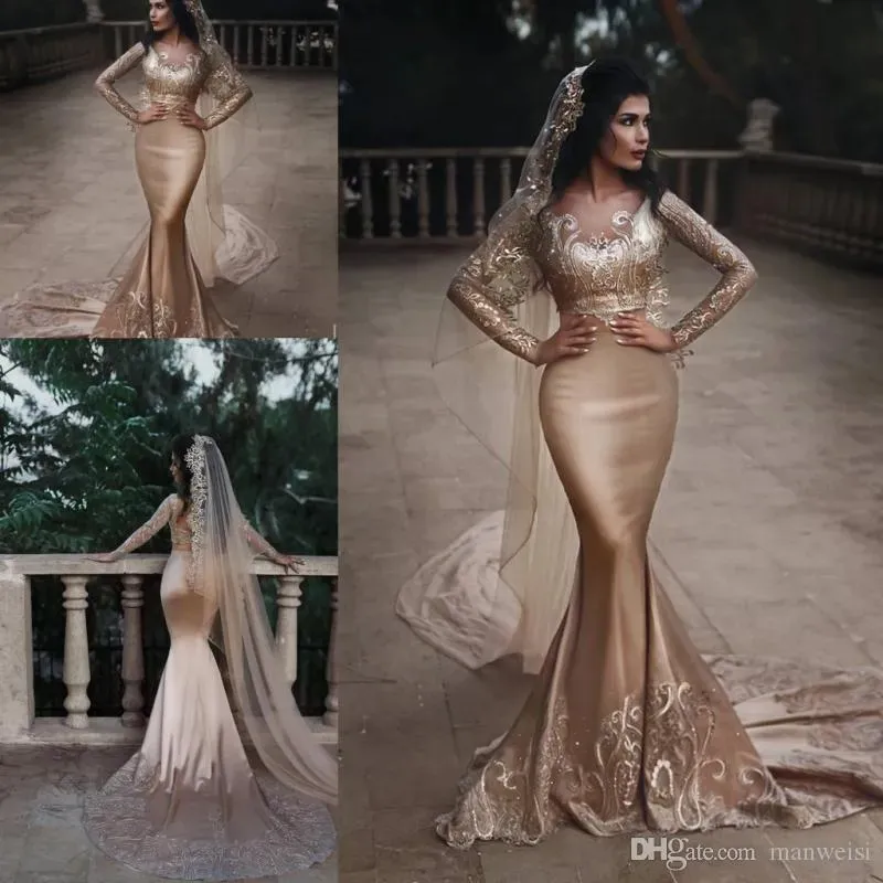 2024 Designer Champagne Zeemeermin Trouwjurken Bruidsjurk Lange Mouwen Pailletten Kant Applique Op Maat Gemaakt Sweep Trein Vestidos de Novia Plus Size