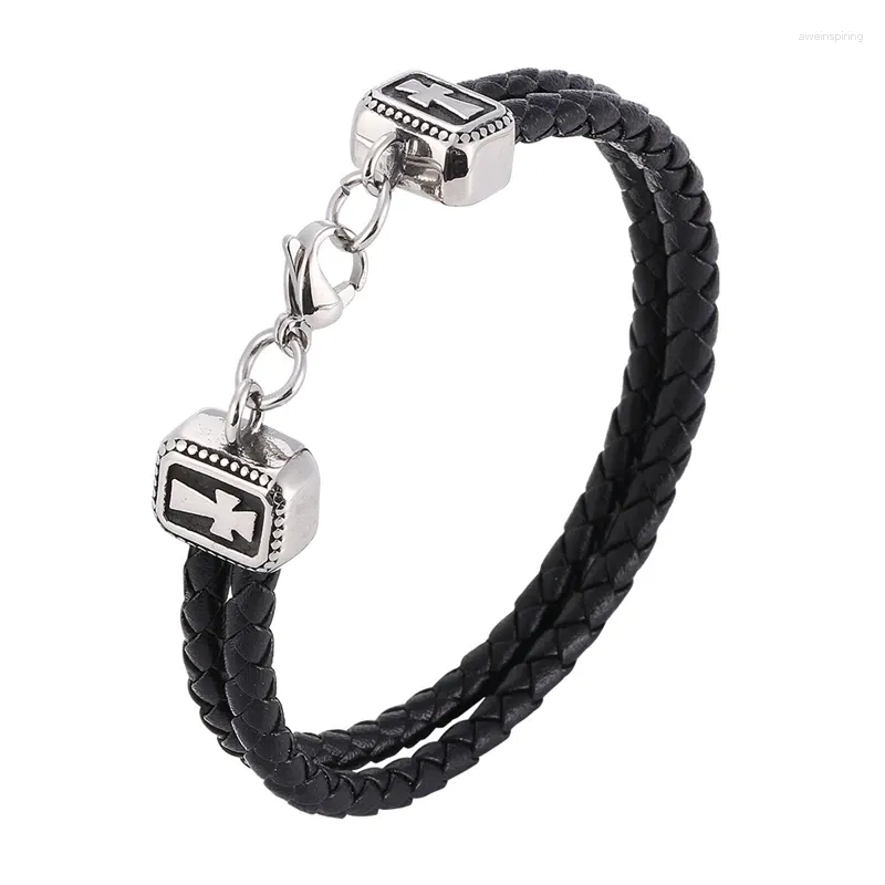 Charm Armbanden Mode Dubbellaags Zwart Gevlochten Lederen Kruis Armband Mannen Rvs Karabijn Voor Vrouwen Sieraden SP1090