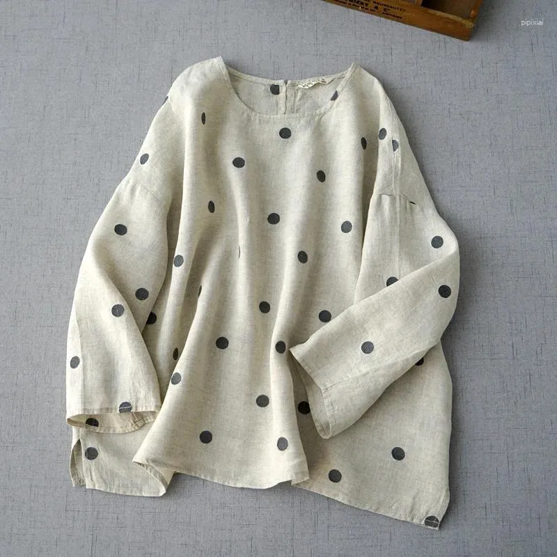 Kadınlar bluzlar Bahar Keten Polka Dot Jacquard Düz Omuz 9/4 Kollu Gömlek Külot Üst Gevşek Sanat 0816