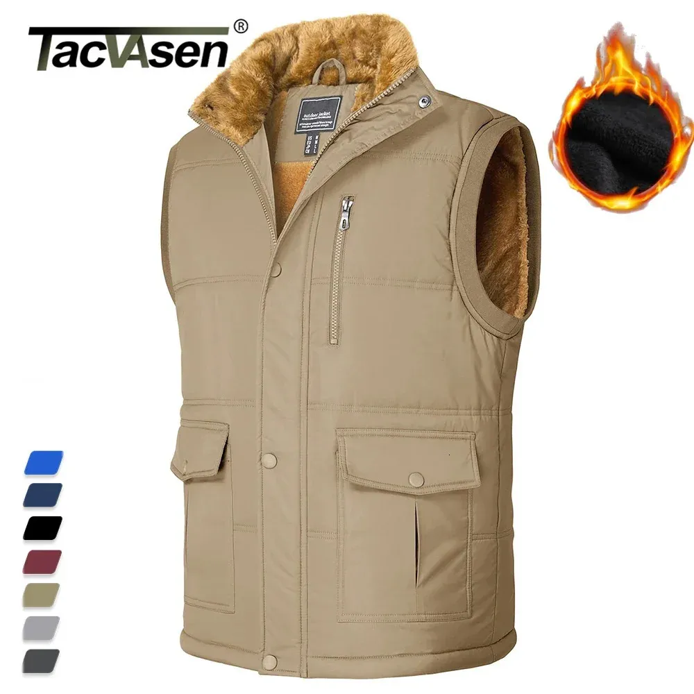 Tacvasen Winter Fleece foder västar Casual Gilet Body Warmer Mens ärmlösa jackor utomhus full zip stativ krage ytterkläder 240301