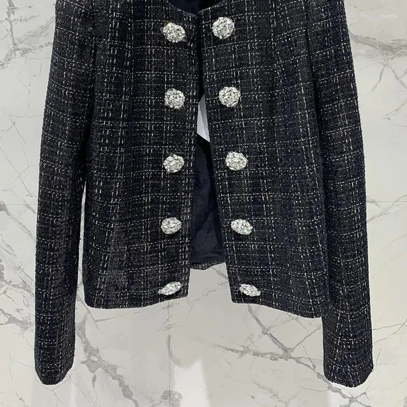 Kvinnors jackor 24 Runway Women tweed paljettjacka toppkvalitet strass knapp design lös kappa för flickor runda nackkläder tunga