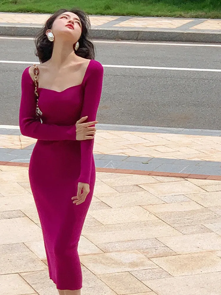 Long Sleeve Bodycon Knit Midi Dress for Women with Sweetheart Neckline and  Pleated Design from Dhgate Basic & Casual Dresses - price 35.74