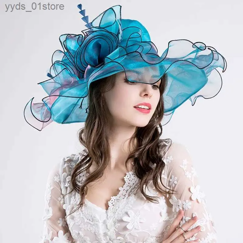 Cappelli a tesa larga Cappelli a secchiello Cappelli per donna Elegante fascinator Matrimonio Grande tesa larga Organza Fedora Kentucky Dey Church Party Ladies Summer Beach Cappello da sole L240308