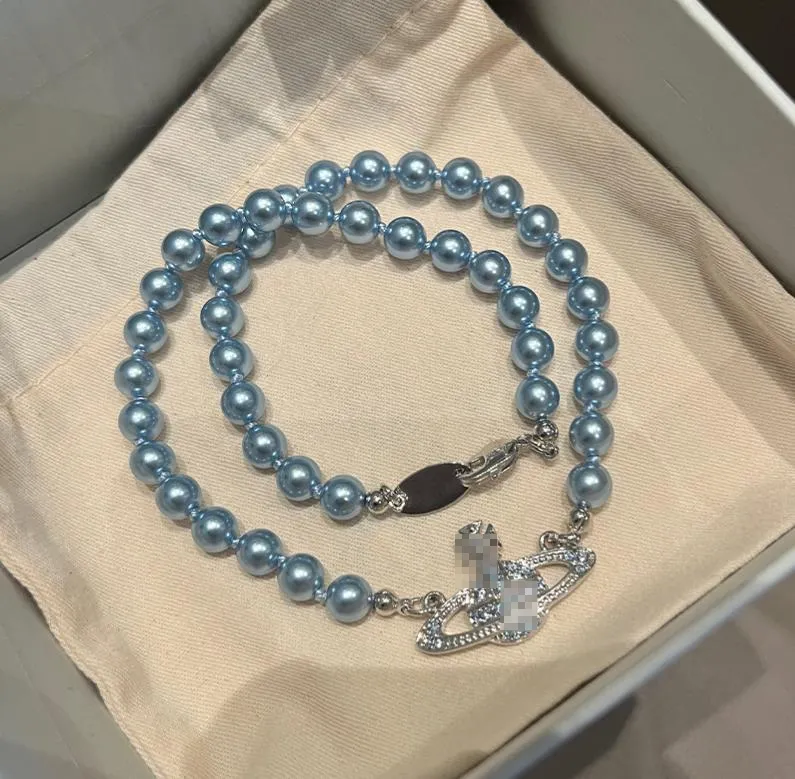 Lady Designer Bracelet Blue Saturn Pearl Necklace Chain Niche Full Diamonds Planet Hand Jewelry