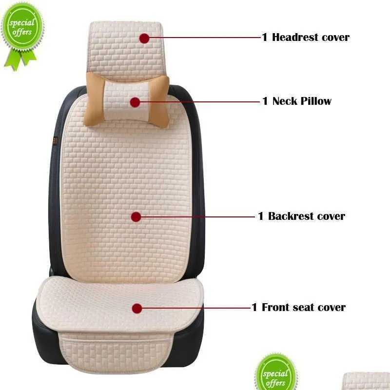 Seat Cushions New 2023 Flax Car Seat Er With Neck Pillow Backrest Pad 4Pcs/Set Protector Linen Front Mobile Cushion Accesorry Interior Dhqf7