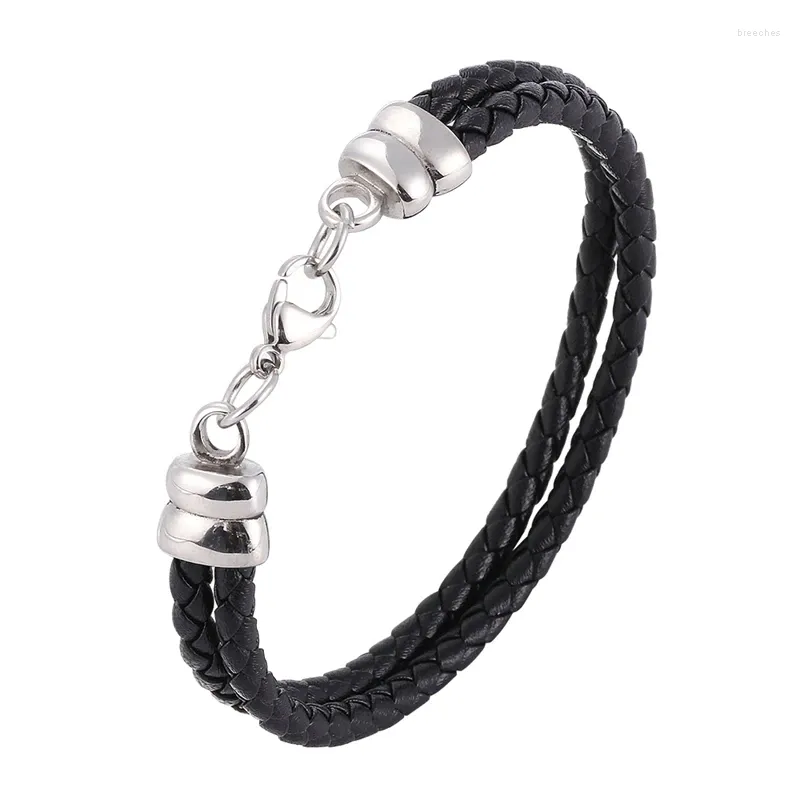 Charm Bracelets Trendy Double Layer Black Braided Leather Bracelet Men Stainless Steel Lobster Clasp Wristband For Women Casual Jewelry