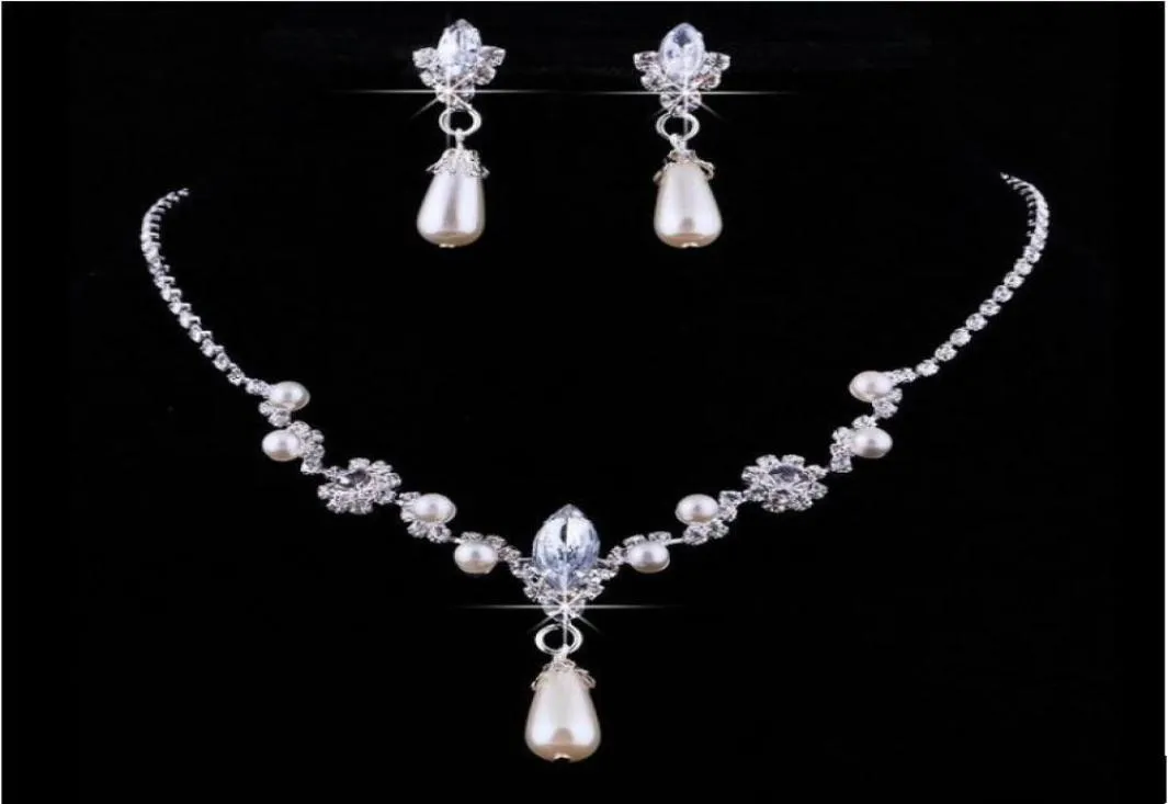 Crystal Drop Pearls silver plated necklace Imitation earrings Wedding jewelry sets for bride Bridesmaids women Bridal Acc6641898