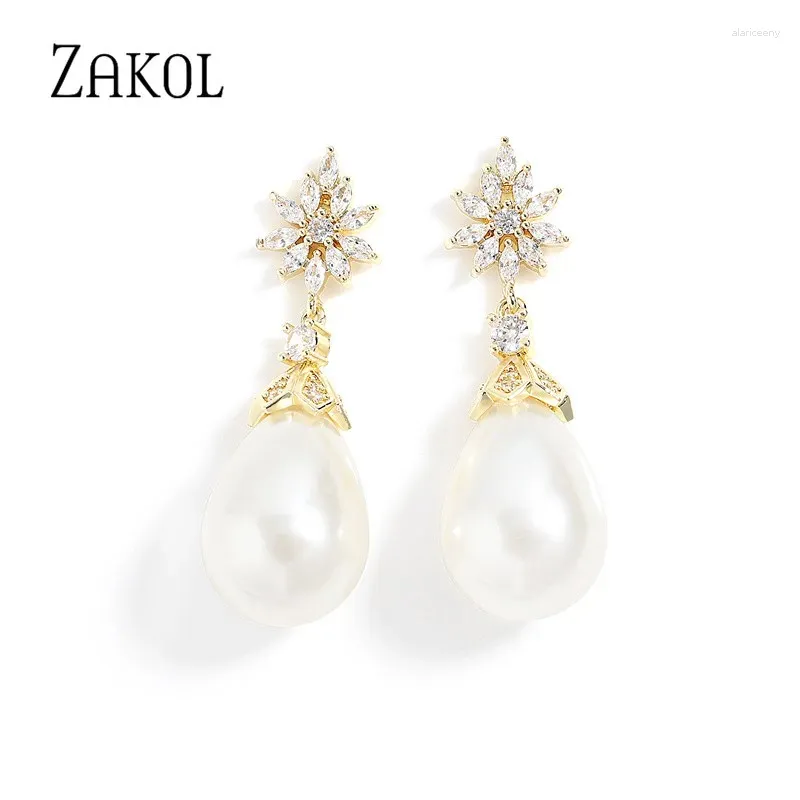 Boucles d'oreilles pendantes ZAKOL Vintage forme ovale Imitation perle brillant zircon cubique déclaration boucle d'oreille bijoux de mariage de mariée 2024