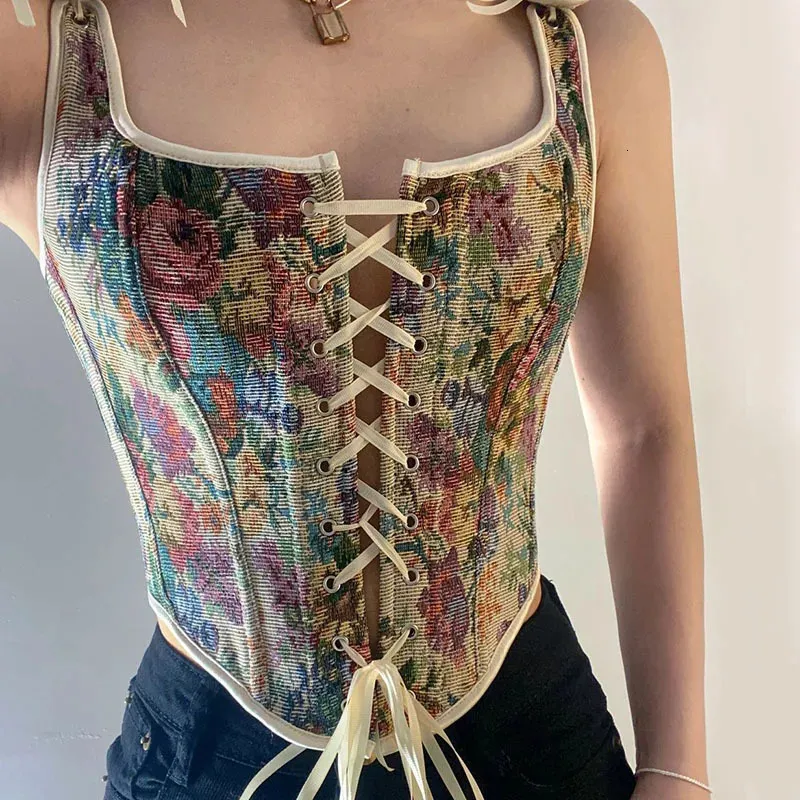 Kvinnor Sexig Cross Bandage Bustiers Crop Top U-Neck Cross Strappy Tank Tops Vintage Flowers Print Bow Straps Corsets 240229