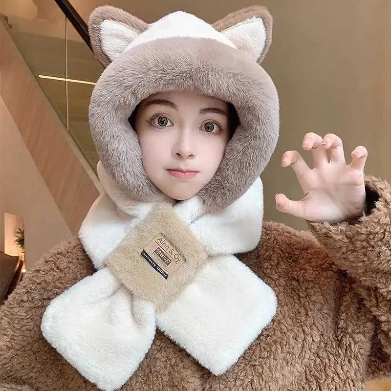 Women Hat Scarf all-in-one Winter Versatile Cute Plush C Warm Thickened anti-freezing Windproof Hooded Scarf Free Shipping