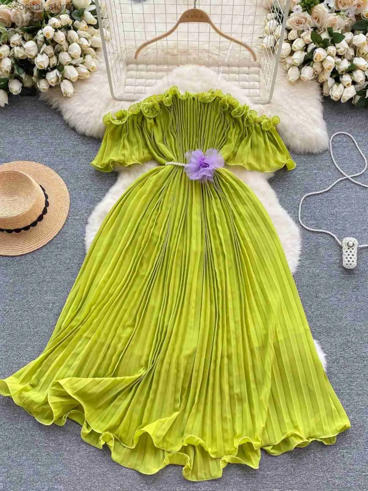 Maternity Dresses Summer Midi Dresses For Women Slash Neck Ruffles Patchwork Pleated Holiday Dress 2024 Beachwear Boho Fairy Pleated Vestidos L240308