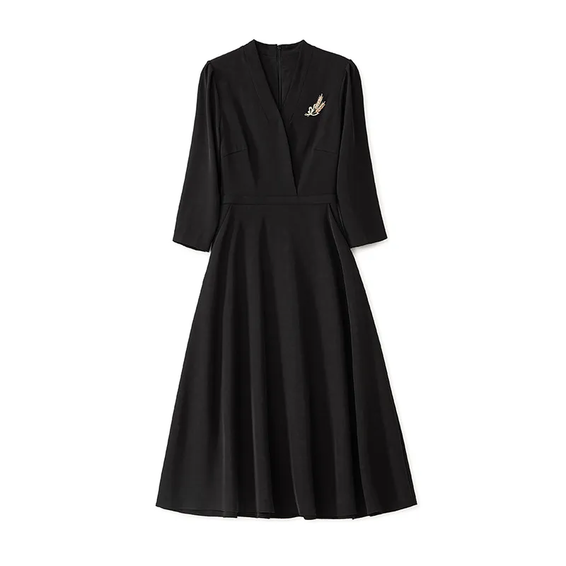 2024 Spring Black Solid Color Dress 3/4 рукав V-образный вырезок MIDI повседневные платья W4M053210