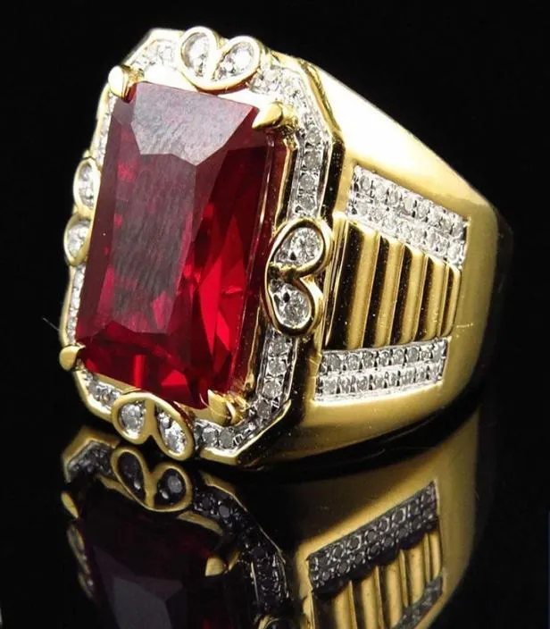 Big Square Red Crystal Ruby Cyrron Diamond Stones Pierścienie dla mężczyzn Kobiety 18K Gold Color Bague Biżuteria Trenda Party Akcesoria 1550153