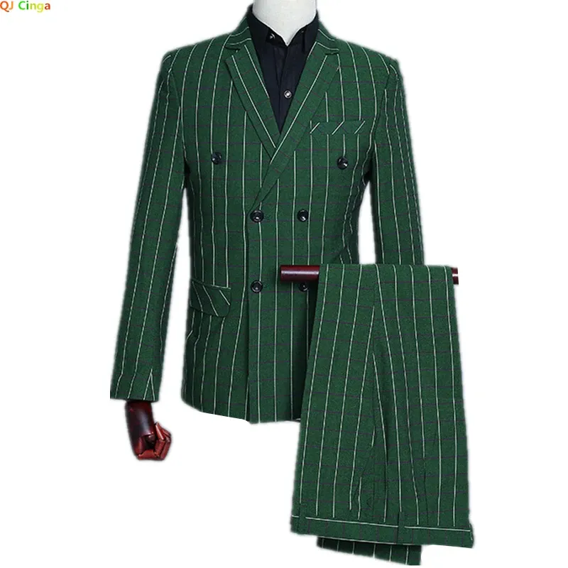 Suits Men's Green Checks Suits Double Breasted Three Piece Set (Blazer +Vest +Pants) Fashion Vintage Bridegroom Tuxedos Slim Suit Men