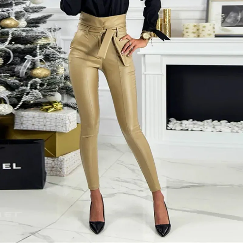 Capris 2024 Fashion Pu Leather Pants Gold Black Women Casual Belt High Midist Pencil Trouser Sexig Autumn Ladies Exclusive Design Pant